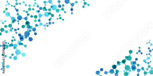 Corners with molecules, data or other tech structure elements. Pharmacy, biotechnology or chemistry design concept. Vector decoration element in green and blue colors