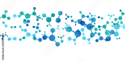 Horizontal border with molecules, data or other tech structure elements. Pharmacy, biotechnology or chemistry design concept. Vector decoration element in green and blue colors