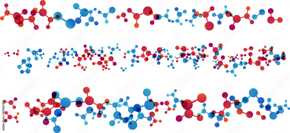 Dividers with molecules, data or other tech structure elements. Pharmacy, biotechnology or chemistry design concept. Vector decoration element in red and blue colors Dividers with molecules, data or other tech structure elements. Pharmacy, biotechnology or chemistry design concept. Vector decoration element in red and blue colors