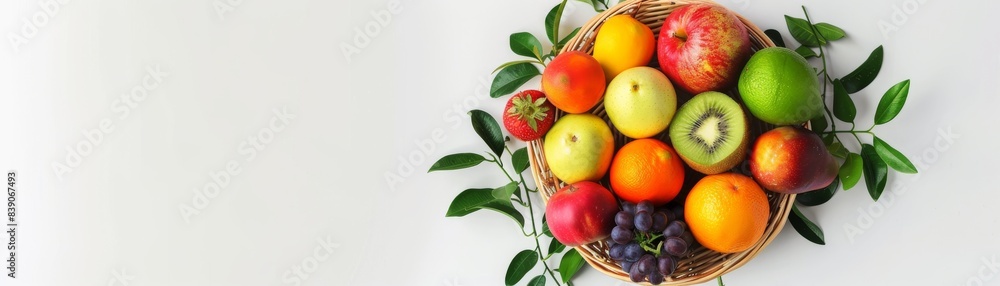 A topdown view of a basket filled with colorful fruits with light shining down A topdown view of a basket filled with colorful fruits with light shining down