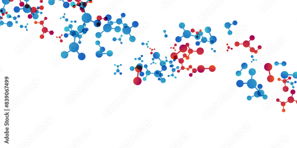 Wavy effect with molecules, data or other tech structure elements. Pharmacy, biotechnology or chemistry design concept. Vector decoration element in red and blue colors