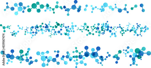 Dividers with molecules, data or other tech structure elements. Pharmacy, biotechnology or chemistry design concept. Vector decoration element in green and blue colors