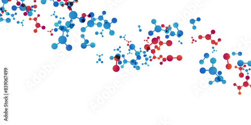 Wavy effect with molecules, data or other tech structure elements. Pharmacy, biotechnology or chemistry design concept. Vector decoration element in red and blue colors