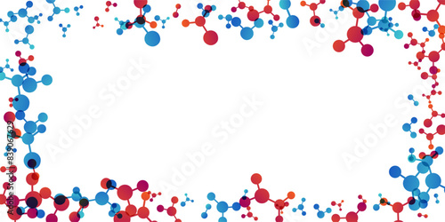 Frame with molecules, data or other tech structure elements. Pharmacy, biotechnology or chemistry design concept. Vector decoration element in red and blue colors