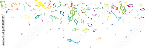 Top border from flying music notes. Vector decoration element in rainbow colors.