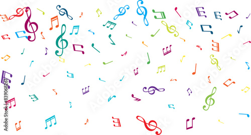 Textured background from flying music notes. Vector decoration element in rainbow colors.