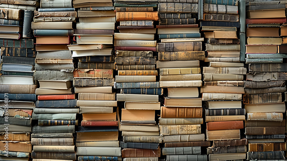 A lot of books in piles, the concept of knowledge, education, literature A lot of books in piles, the concept of knowledge, education, literature