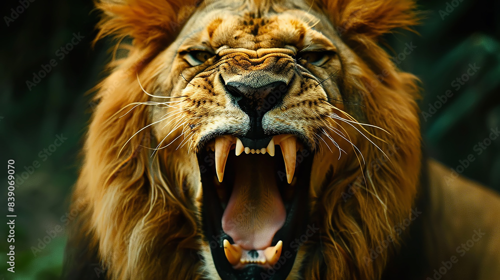 Naklejka premium Dangerous roaring lion, wild African predator close-up