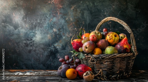 A basket brimming with assorted rotten fruits, placed on a rustic wooden table, natural lighting, ideal for concepts of decay and food waste