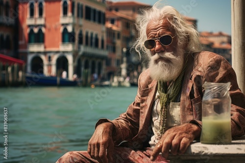 Fashionable elderly man with sunglasses enjoys the sun by the water in venice, italy