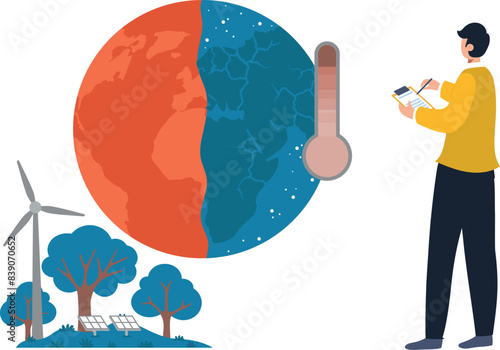 A boy is noting the temperature of the earth.