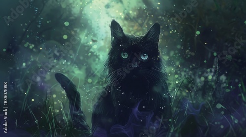 Mystical black cat with glowing eyes amidst enchanting green and blue lights, creating a magical and otherworldly atmosphere in the night.