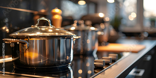 a shiny silver pot sitting on a stovetop The pot appears to be resting on a black burner. The stovetop is located in a kitchen.