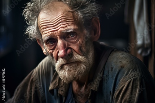 Close-up of a thoughtful aged man with profound wrinkles and a deep gaze