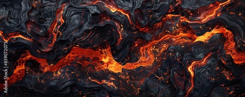 Abstract black and orange molten lava texture, flowing magma with vibrant colors. Dynamic natural patterns and geological phenomena. photo