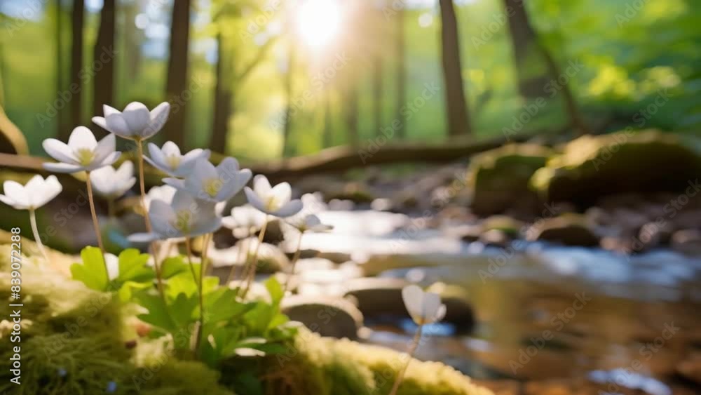 Sunlight streams through the trees, illuminating delicate white wildflowers blooming by a tranquil forest stream. This serene image evokes a sense of peace and natural beauty. Sunlight streams through the trees, illuminating delicate white wildflowers blooming by a tranquil forest stream. This serene image evokes a sense of peace and natural beauty.