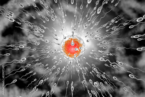 3D Rendered Illustration, visualisation of sperm cells racing to a egg to fertilise