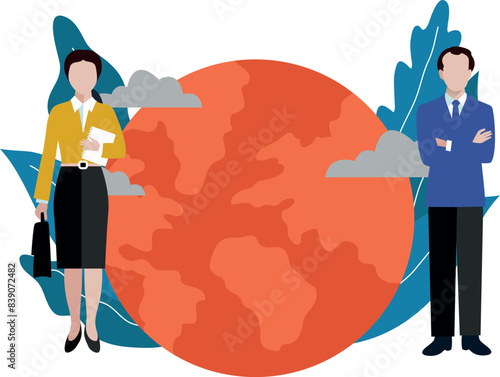Girl and boy stand for weather forecast.