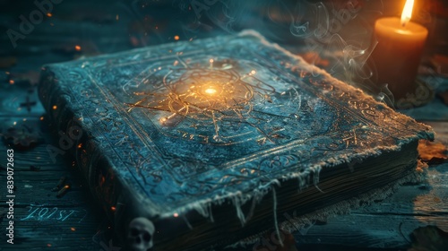 Ancient, mystical spellbook with glowing symbols and a burning candle, evoking magical and mysterious vibes. photo