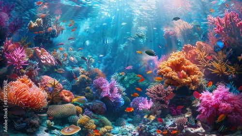 Colorful and Vibrant Coral Reef Underwater Scene Showcasing the Diverse and Abundant Marine Life Including Fish Anemones Starfish and Sea Urchins in a Dynamic and Lively Natural Environment © Sittichok