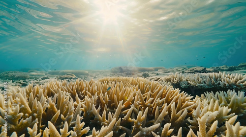 corals under water. The sun's rays break through the water. photo