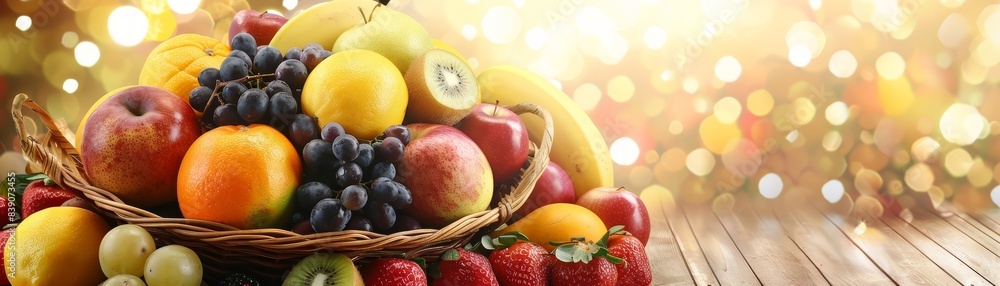 A large basket containing a variety of fresh fruits, placed on a wooden floor with a neutral background, vibrant and detailed, great for home decor and interior design themes A large basket containing a variety of fresh fruits, placed on a wooden floor with a neutral background, vibrant and detailed, great for home decor and interior design themes