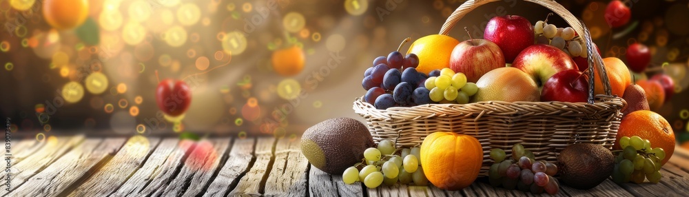 A large basket containing a variety of fresh fruits, placed on a wooden floor with a neutral background, vibrant and detailed, great for home decor and interior design themes A large basket containing a variety of fresh fruits, placed on a wooden floor with a neutral background, vibrant and detailed, great for home decor and interior design themes