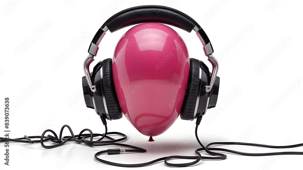 a pink ball with black headphones on it. a pink ball with black headphones on it.