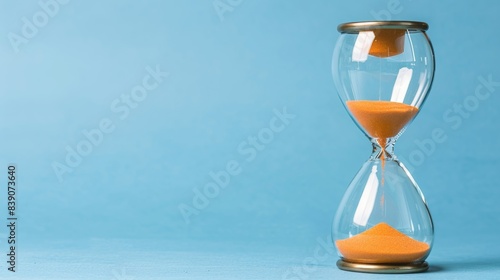 Vivid sand hourglass on blue background, excellent for incorporating lengthy text