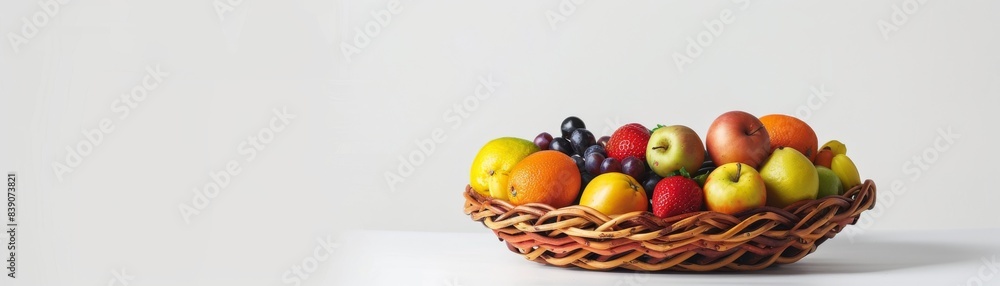 A wicker basket filled with colorful and juicylooking fruits, isolated on a white background, vibrant and fresh, perfect for healthy eating concepts A wicker basket filled with colorful and juicylooking fruits, isolated on a white background, vibrant and fresh, perfect for healthy eating concepts