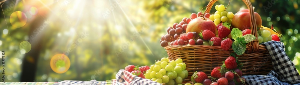 A wicker basket overflowing with fresh fruits, placed on a checkered picnic cloth, outdoor setting, sunny day, high definition, great for picnic and outdoor activity advertisements A wicker basket overflowing with fresh fruits, placed on a checkered picnic cloth, outdoor setting, sunny day, high definition, great for picnic and outdoor activity advertisements