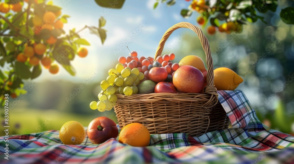 A wicker basket overflowing with fresh fruits, placed on a checkered picnic cloth, outdoor setting, sunny day, high definition, great for picnic and outdoor activity advertisements A wicker basket overflowing with fresh fruits, placed on a checkered picnic cloth, outdoor setting, sunny day, high definition, great for picnic and outdoor activity advertisements