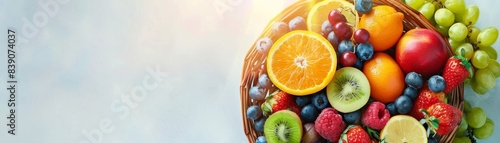 A topdown view of a basket filled with colorful fruits with light shining down