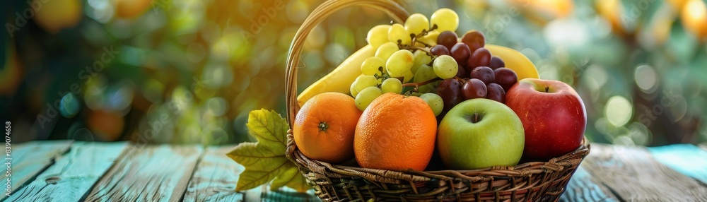 A woven basket brimming with assorted fresh fruits including apples, bananas, grapes, and oranges, on a rustic wooden table, natural lighting, perfect for organic produce themes A woven basket brimming with assorted fresh fruits including apples, bananas, grapes, and oranges, on a rustic wooden table, natural lighting, perfect for organic produce themes