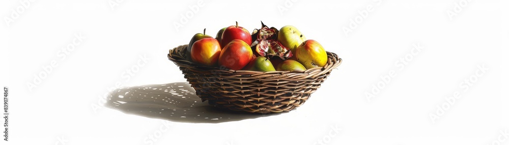 A wicker basket filled with broken fruits and fruit debris scattered around, isolated on a white background, messy and chaotic, perfect for themes of waste and destruction A wicker basket filled with broken fruits and fruit debris scattered around, isolated on a white background, messy and chaotic, perfect for themes of waste and destruction