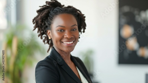 Confident Businesswoman Smiling in Professional Office Environment