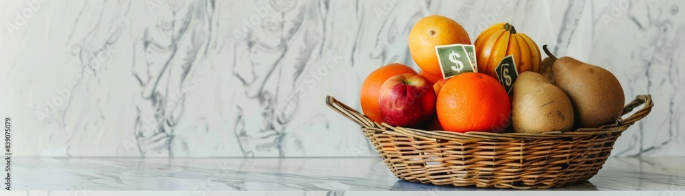 A stylish wicker basket filled with various rotten fruits, positioned on a marble countertop, minimalistic background, natural lighting, perfect for modern visuals on food spoilage A stylish wicker basket filled with various rotten fruits, positioned on a marble countertop, minimalistic background, natural lighting, perfect for modern visuals on food spoilage