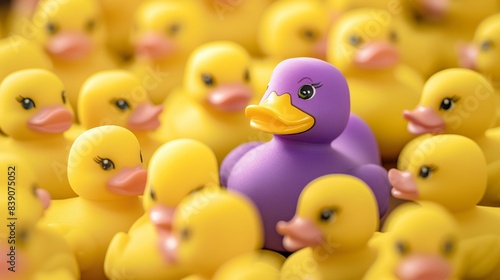 Unique Purple Toy Duck Standing Out Among Many Yellow Ducks