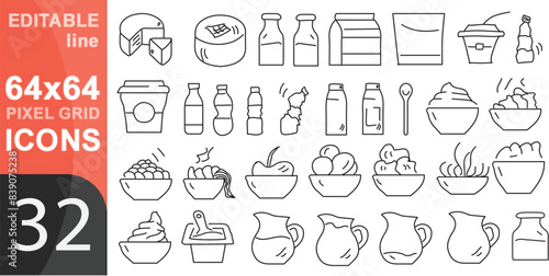 Set di icone di linea piatta formaggio. Illustrazioni vettoriali di parmigiano, mozzarella, yogurt, olandese, ricotta, burro, pezzo di formaggio blu. Vector - 64 pixel perfect grid