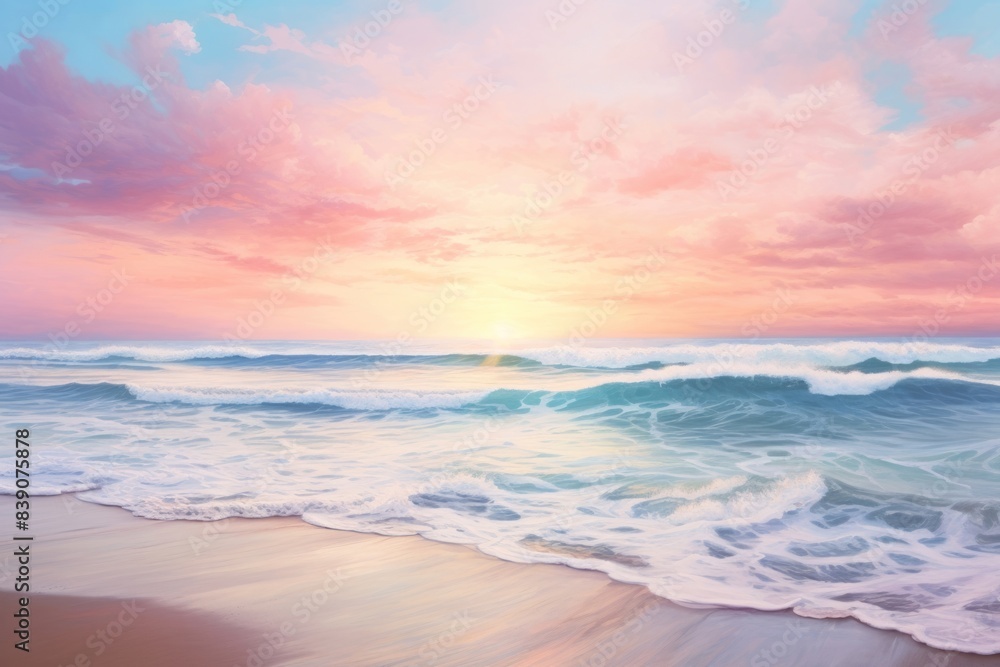 Fototapeta premium Sunset over sandy beach ocean sky landscape.