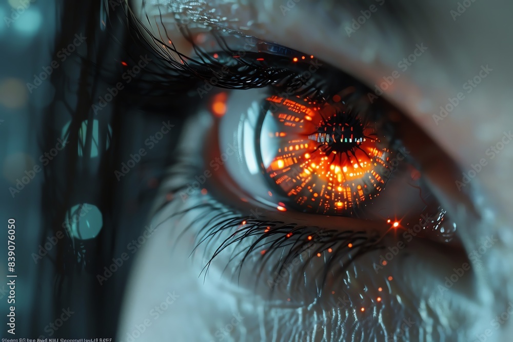 Close up of a fiery orange eye with glowing particles. Close up of a fiery orange eye with glowing particles.