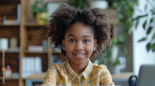 Young Girl With Afro Hairstyle Smiling at Camera in a Home Office