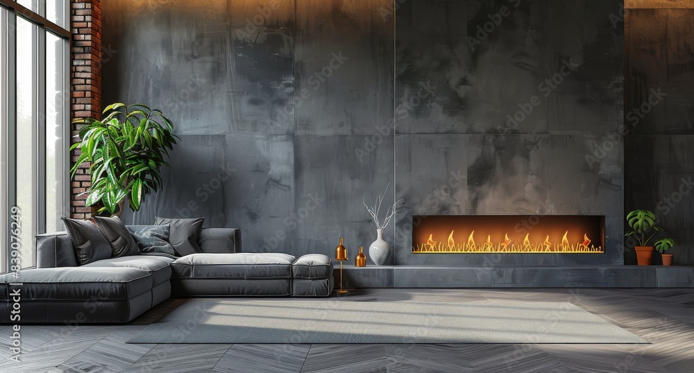 Modern Living Room With Concrete Walls and a Cozy Fireplace Modern Living Room With Concrete Walls and a Cozy Fireplace
