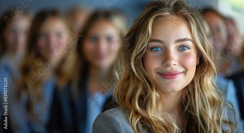 Young Woman Smiling in a Crowd at a Business Meeting