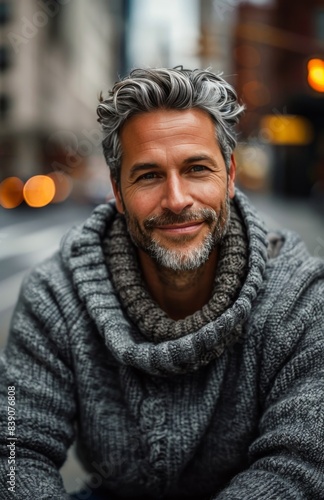Portrait of a Smiling Man With Gray Hair and a Gray Knit Sweater in a City Se...