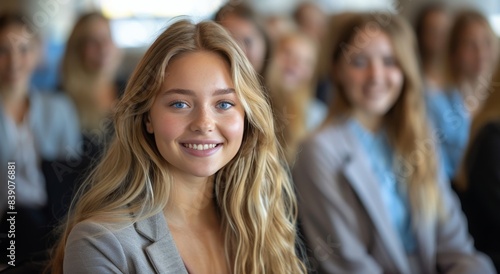 Young Woman Smiling in a Crowd at a Business Meeting
