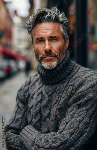 Portrait of a Middle-Aged Man With Gray Hair and Beard in a City Setting