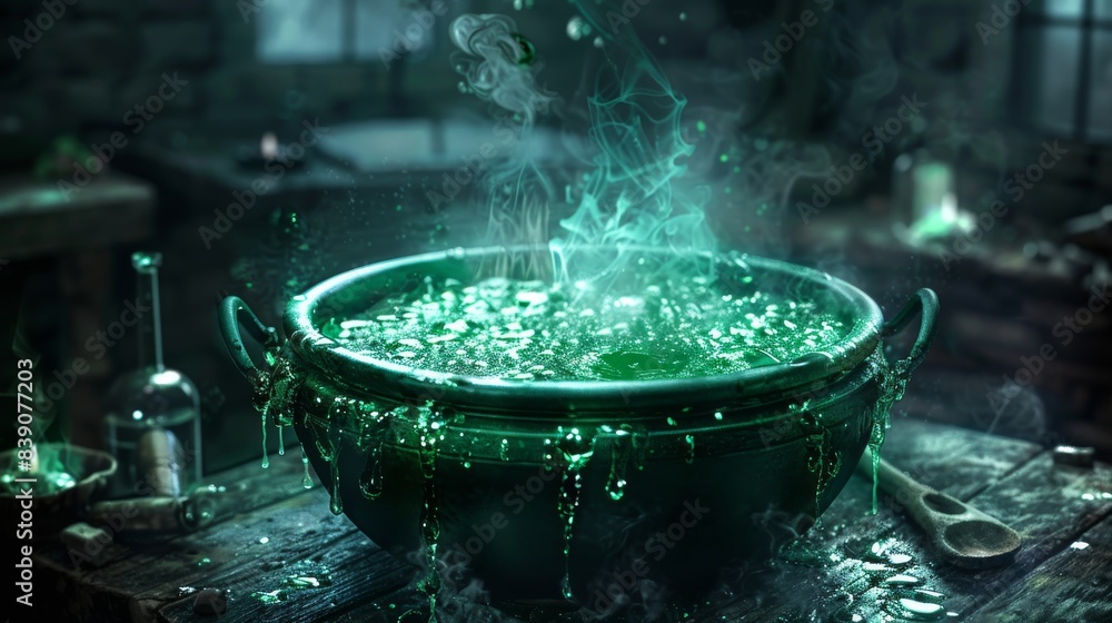 Glowing green potion bubbling in an ancient cauldron, evoking a mystical and magical atmosphere in a dark, eerie setting. Glowing green potion bubbling in an ancient cauldron, evoking a mystical and magical atmosphere in a dark, eerie setting.