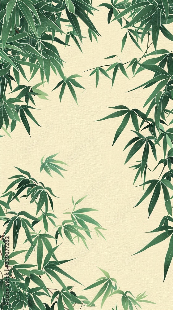 Obraz premium Bamboo border, muted greens, flat design, repeating pattern, no people
