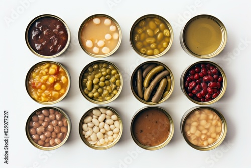 Top view of various canned foods, including beans, peas, and pickles, on a white background